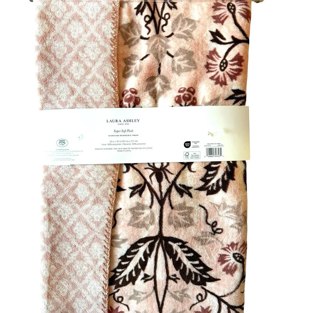 Laura Ashley Oversized Reversible Throw 50x70 Plush Peach Floral Fall Blanket